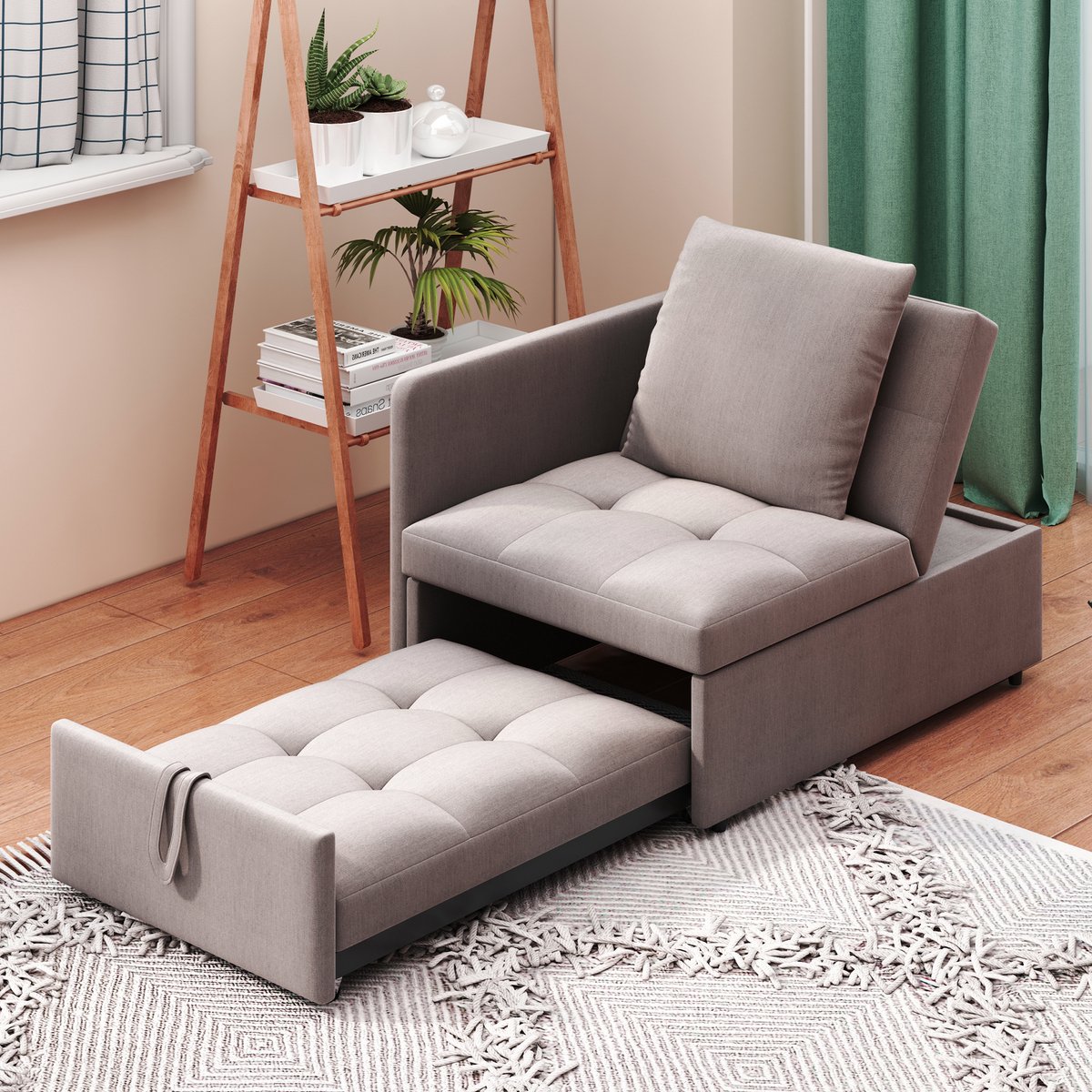 MEUNIQ Slaapbank 3-in-1, 177 x 68 x 65 cm, met 5-voudig verstelbare rugleuning, linnen bekleding, kussen, voor woonkamer, logeerkamer of kantoor, grijs