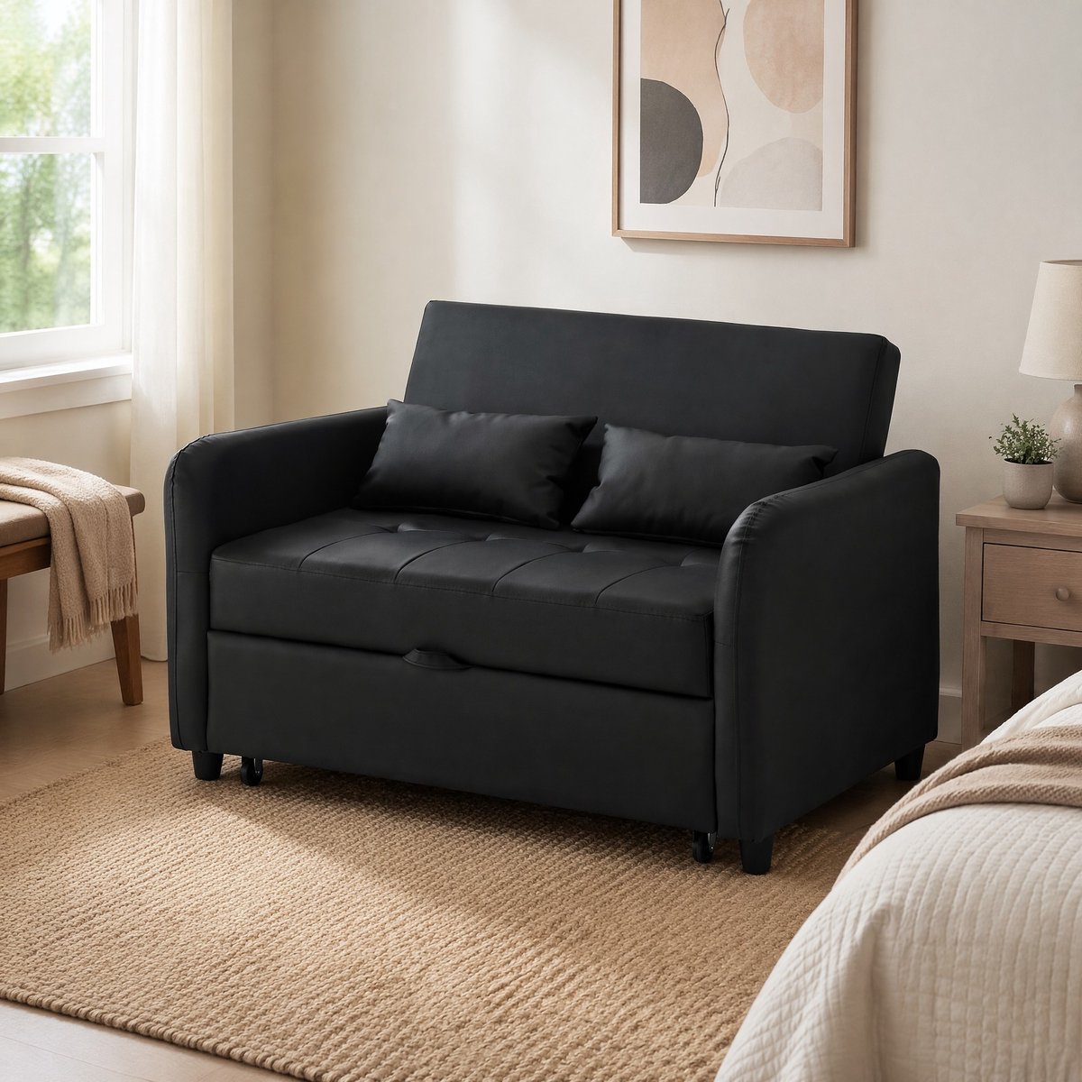 MEUNIQ slaapbank 2-zits 122 x 83 x 82 cm uitklapbaar met 3-standen rugleuning, PU oppervlak, wielen en 2 kussens voor woonkamer of slaapkamer