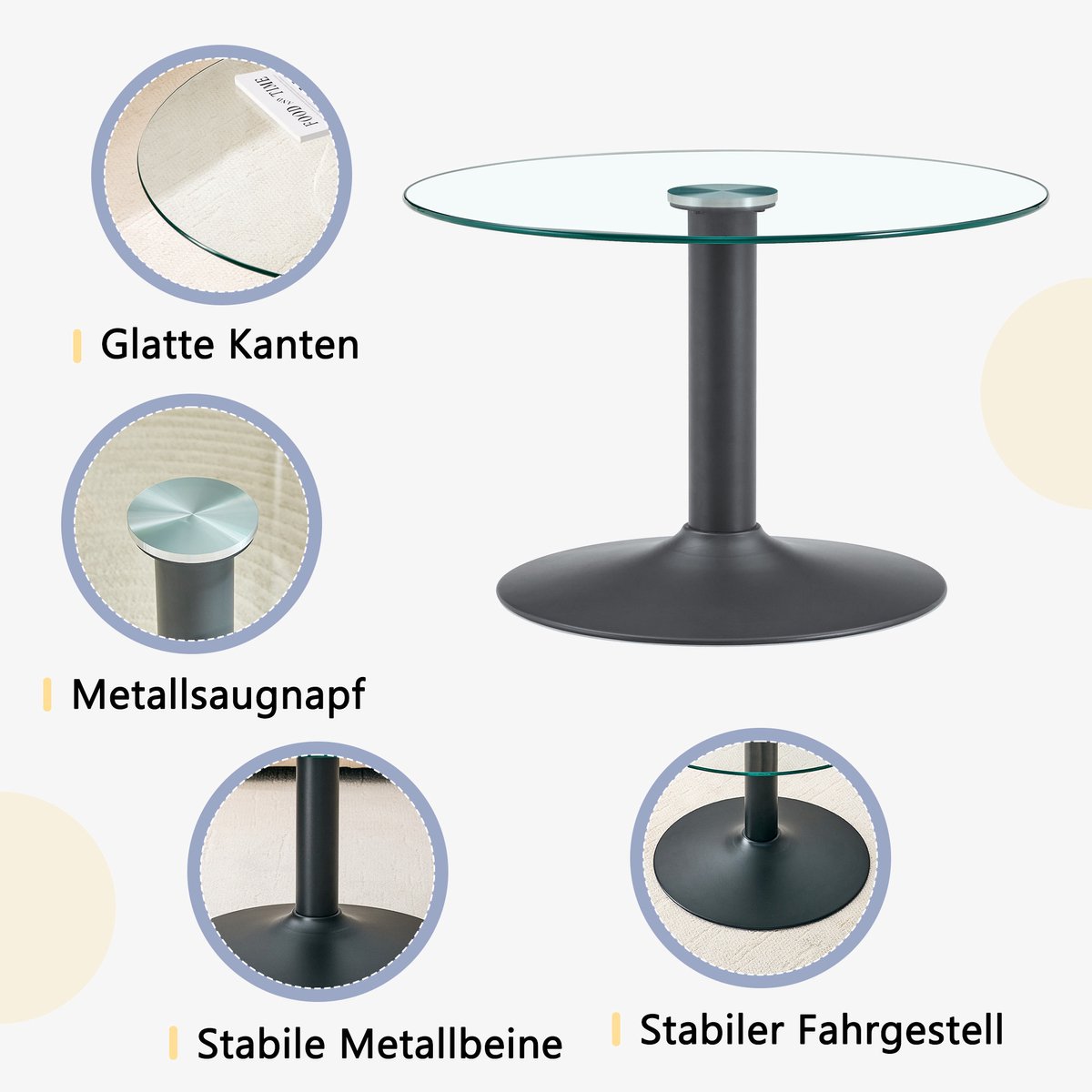 OKWISH Salontafel Rond Glas Geharde Veiligheidsglas Metalen Onderstel Modern Zwart 70 Cm Elegant Voor Woonkamer 45 Cm Hoog