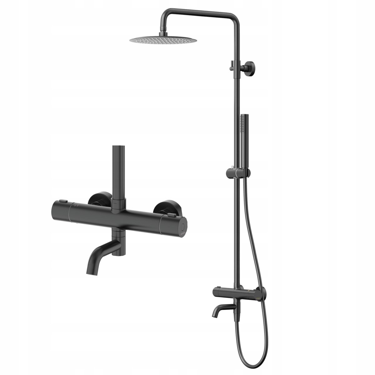 Douche- en badset met thermostaatkraan, zwart, wandmontage, beweegbare uitloop