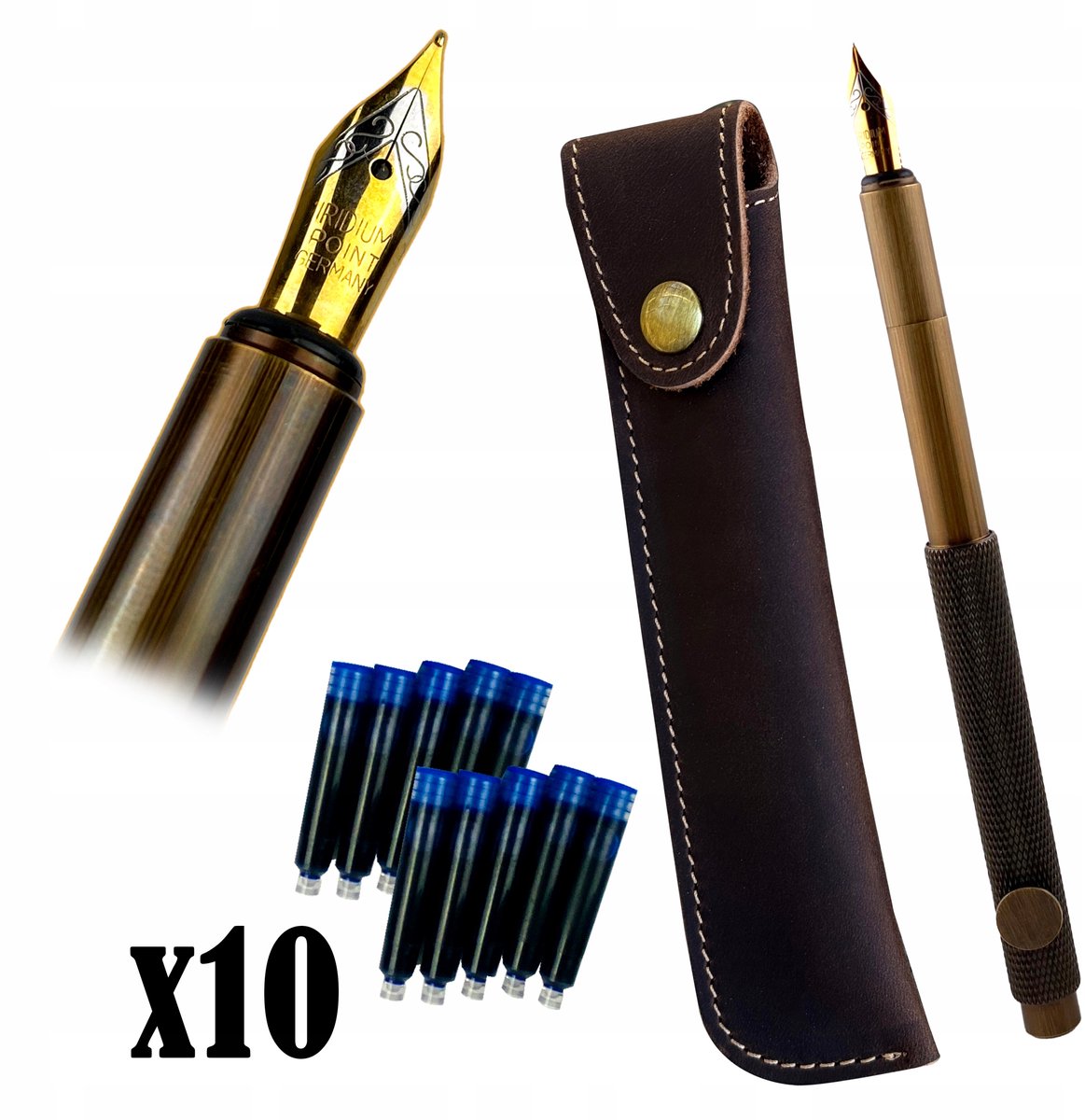 Messing Pen met Echt Lederen Etui en 10 Inktpatronen
