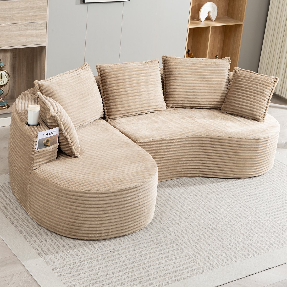 MEUNIQ L-vormige hoekbank van cord, 250 x 152 x 82 cm, met dubbele bekerhouders, zijvak en kussens voor woonkamer in khaki