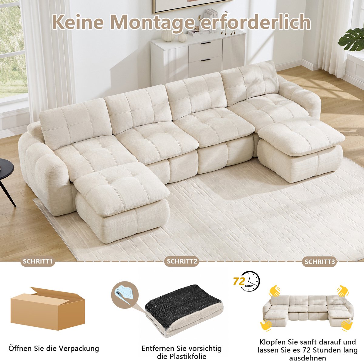 OKWISH U-bank 4-zits - Modulair, Vrij Combineerbaar & Montagevrij - Brede Diepe Zit voor Woonkamer en Appartement - Chenille - Beige
