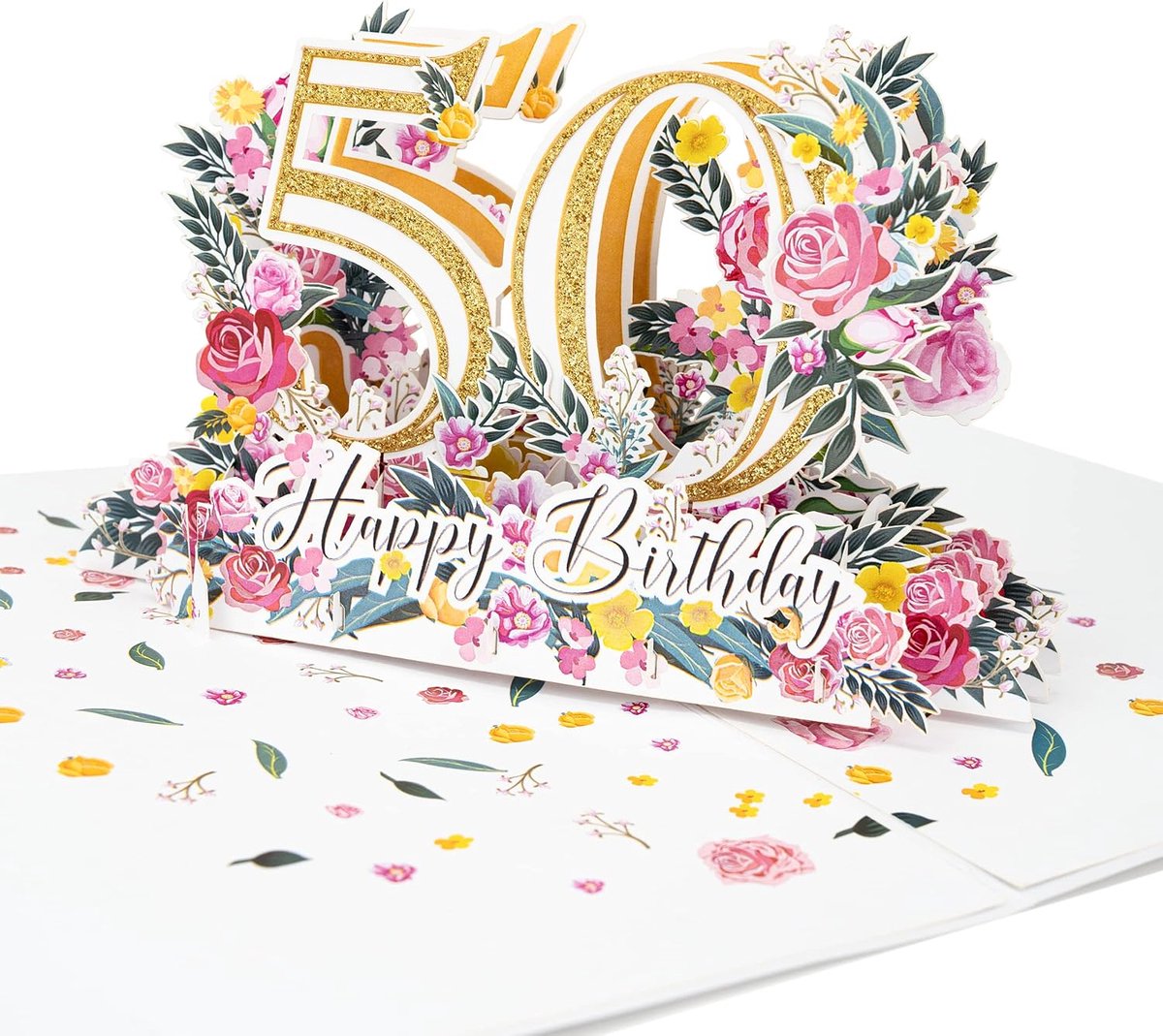 Pop-up 3D verjaardagskaart 50 - grote glitterkaart in wit goud - kleurrijke bloemen - perfect voor 50e verjaardag - ShopVlot