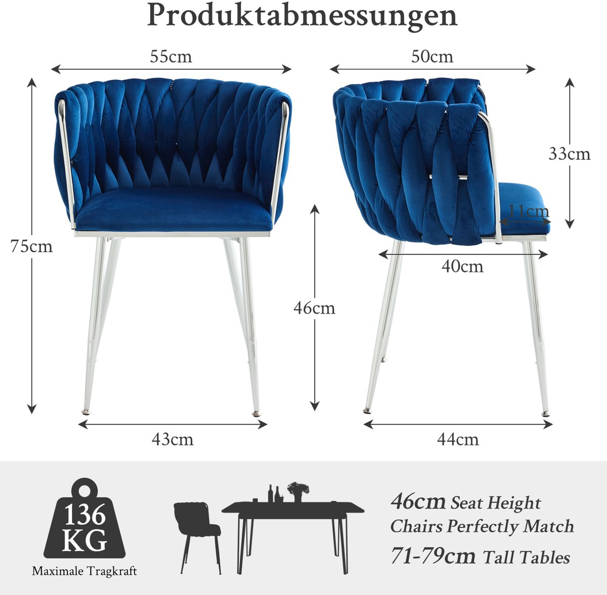 OKWISH Barkruk Set van 2 - Met Rugleuning en Zachte Bekleding - Stabiel Metalen Onderstel - Voor Keuken, Eiland En Bar - Navy