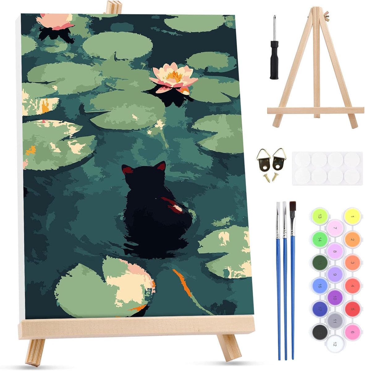 Schilderen op Nummer Kits Volwassenen - Zwart Kat Waterlelie - Inclusief Houten Easel - Perfect voor Thuisdecoratie - ShopVlot