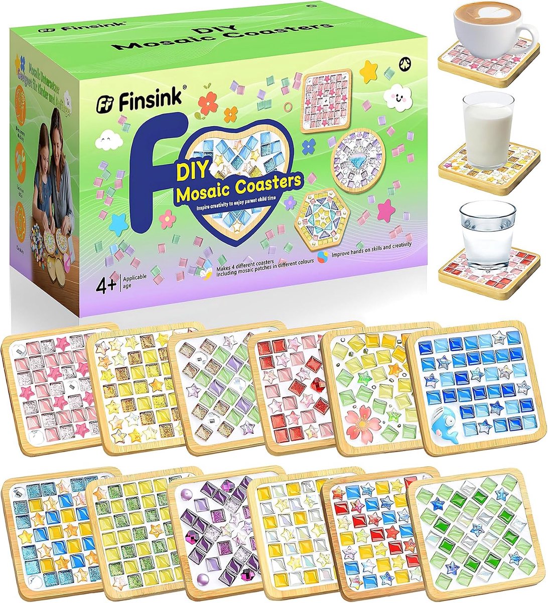 Mosaic Coaster Set voor Kinderen - 12 Delen Houten Coasters - DIY Mozaïekset - Creatieve Activiteit voor Kinderen - ShopVlot