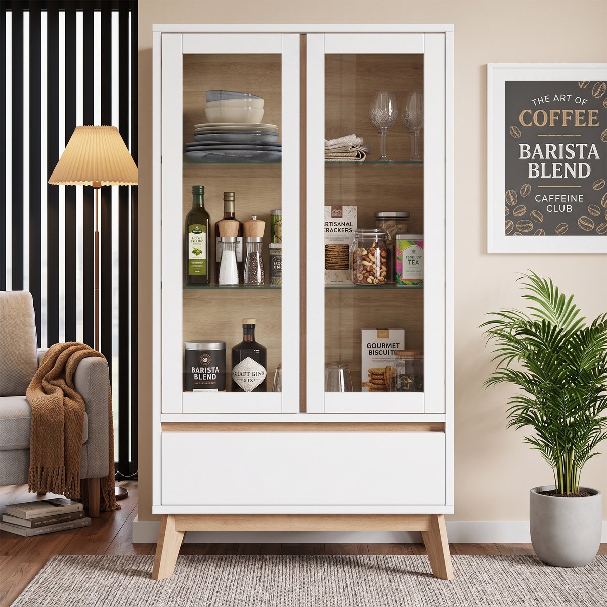 VVBV Dressoir 80x40x150 cm - Verstelbare Planken, Opbergruimte, Met Lades, Met Planken - Wit, Spaanplaat