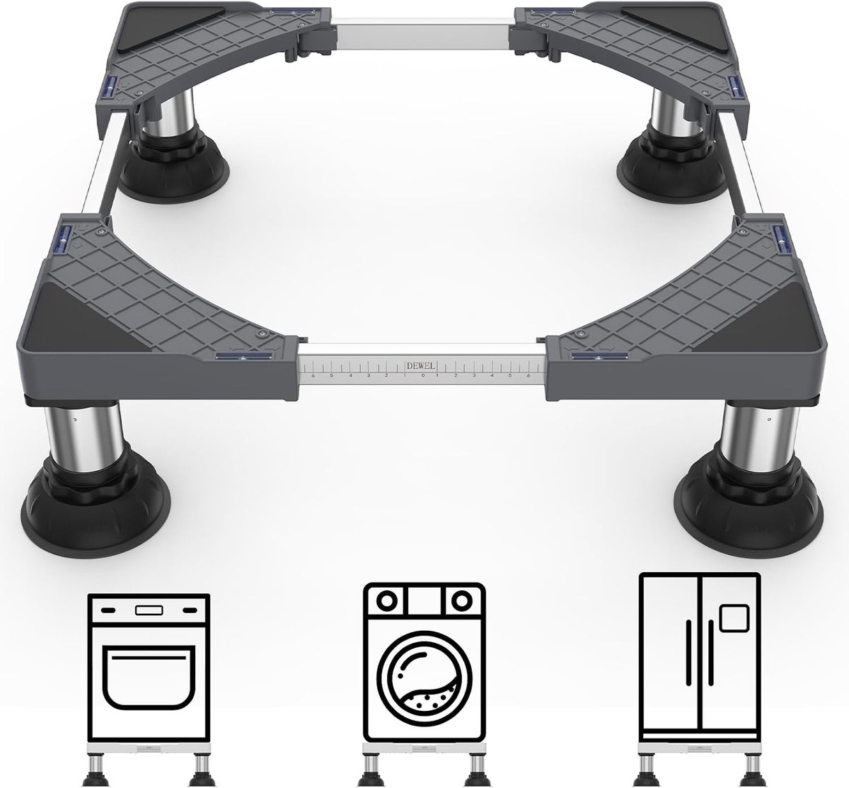 Wasmachinebasis 45-65 cm - Staal en ABS - Antislipfunctie - Stabiliteit tot 250 kg - SnelShoppen