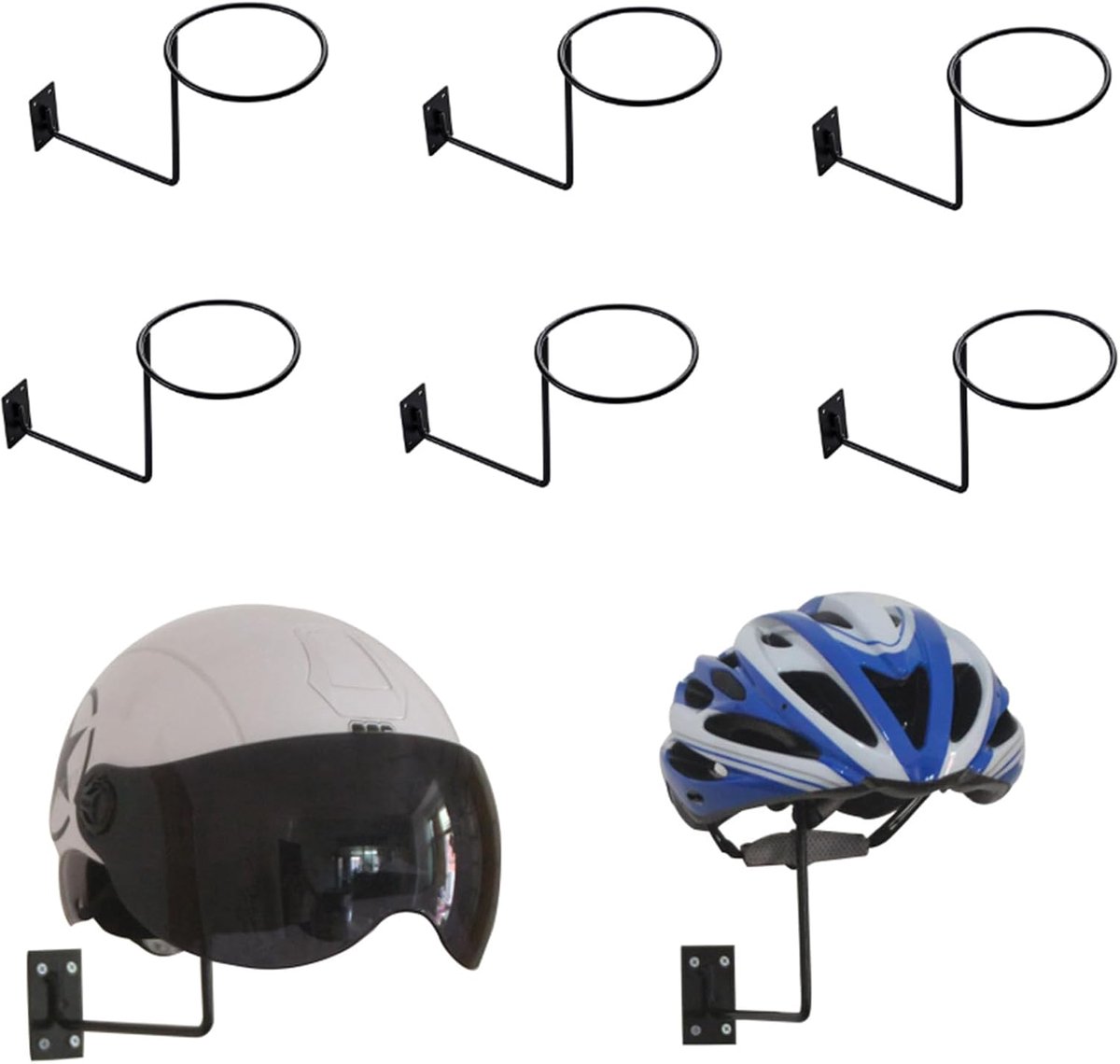 Helmhouder set van 6 - metalen wandbevestiging - zwart - ruimtebesparende opslag - SnelShoppen