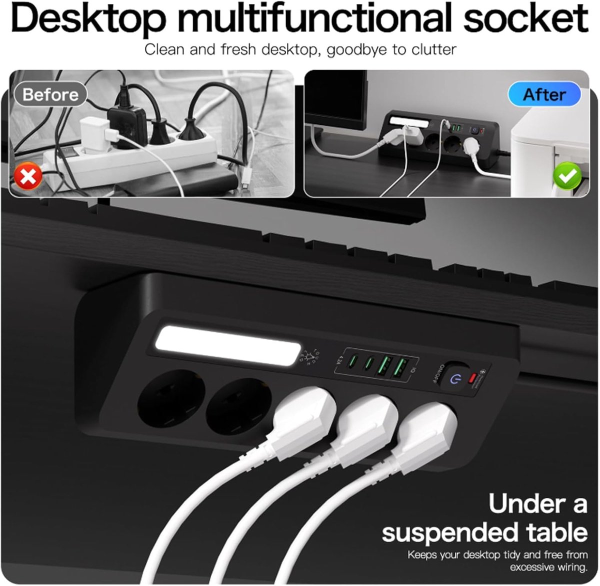 Hoekstopcontact 5-voudig - met 2 USB A en 2 Type-C - met schakelaar en 2 m verlengkabel - ideaal voor bureaugebruik - SnelShoppen