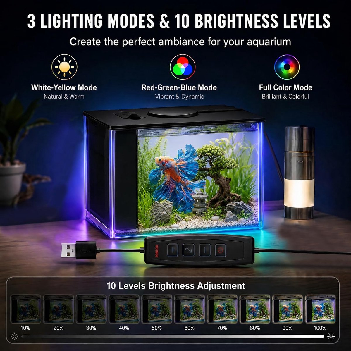SnelShoppen - Helder glazen aquarium 3,7L - Nano-aquarium met filterpomp, LED-verlichting, acryl, zwart - Complete starterset voor kleine vissen, garn