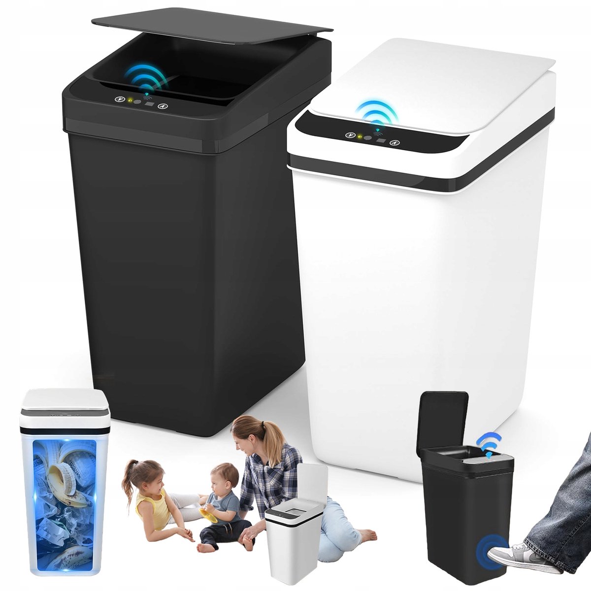 Automatische Sensorprullenbakken - Set van 2 Afvalbakken van 10 Liter - 3 Openingsmethoden - Infraroodsensor van 0–20 cm - IPX5-waterbestendig ABS - Slank Ruimtebesparend Ontwerp - Voor Badkamer, Keuken en Slaapkamer