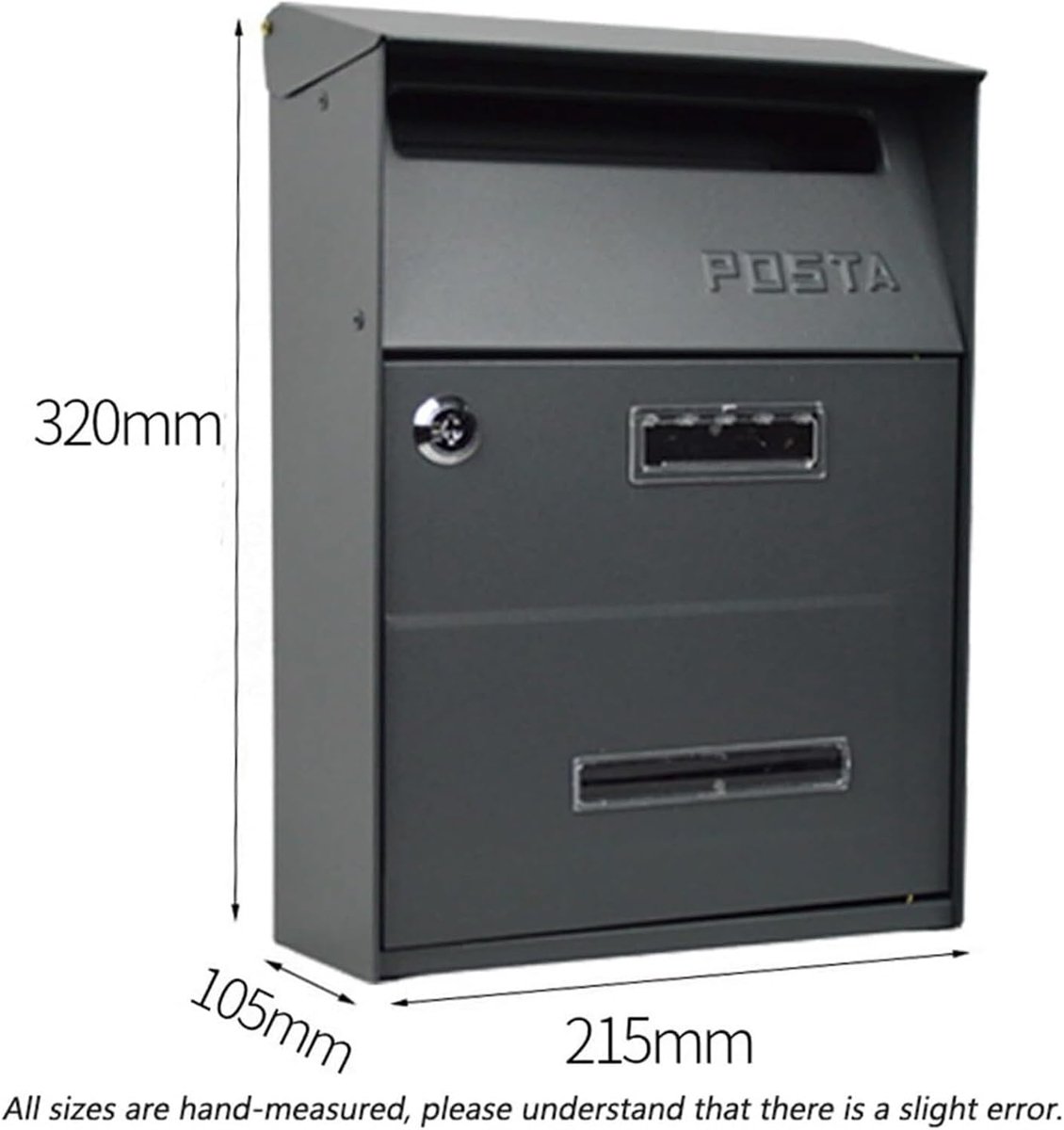 Brievenbus Muurmontage - Postbus Buiten - Post Veilig Opslaan - Afsluitbaar met Slot - 21.5x10.5x32cm - Grijs
