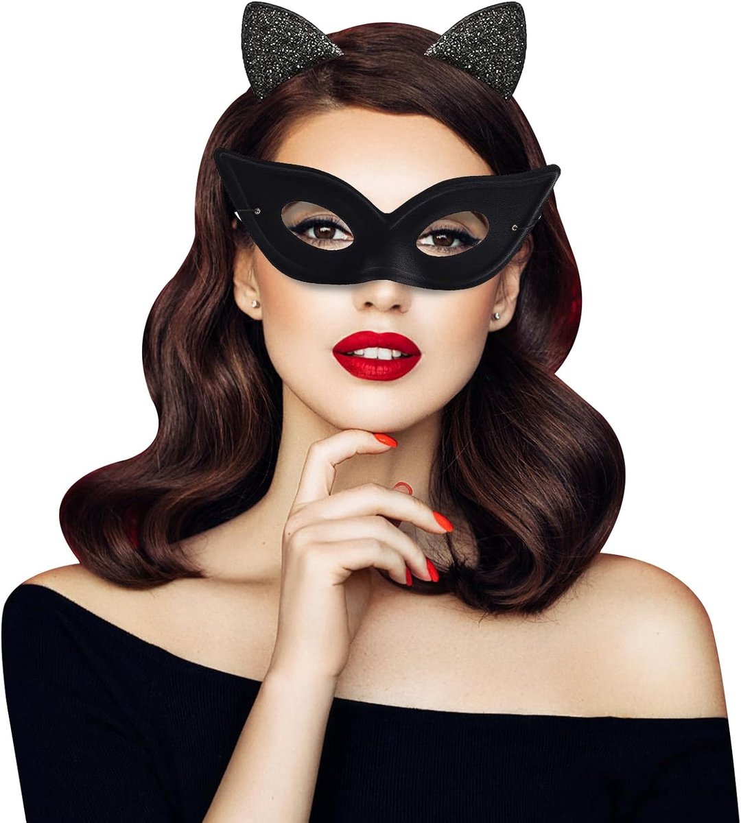 Catmask set - zwart kat oogmasker met elastische band - kattenoortjes hoofdband - ideaal voor kostuumfeestjes - SnelShoppen