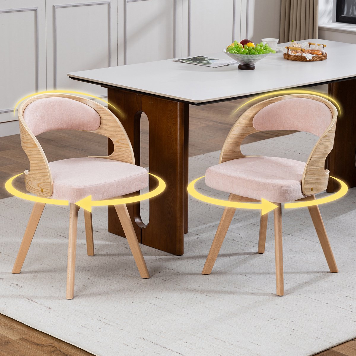 Clruro Eetkamerstoelen - 75 cm - 2 Stuks, 360° Draaibaar - Gebogen Rug - Linnen en Beukenhout - Roze