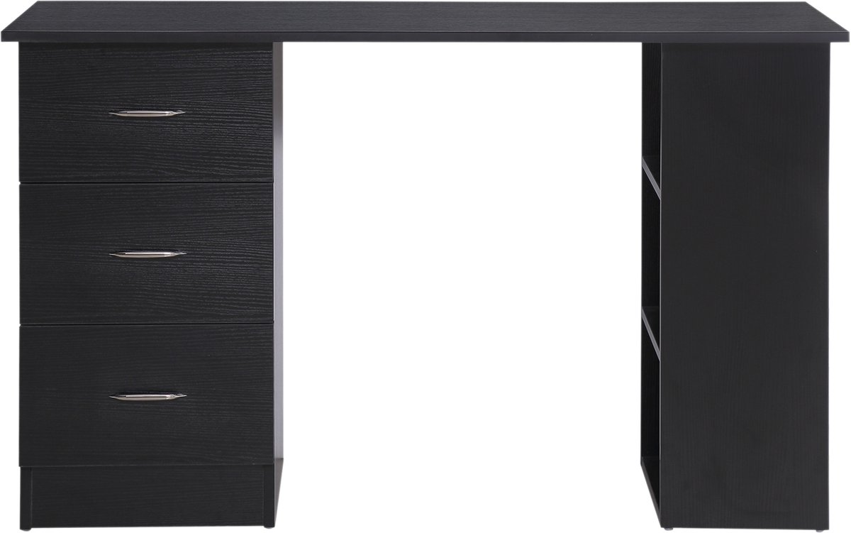 Computerbureau met 3 laden - 120 x 50 cm - zwart - 3 open planken - omkeerbare opslag