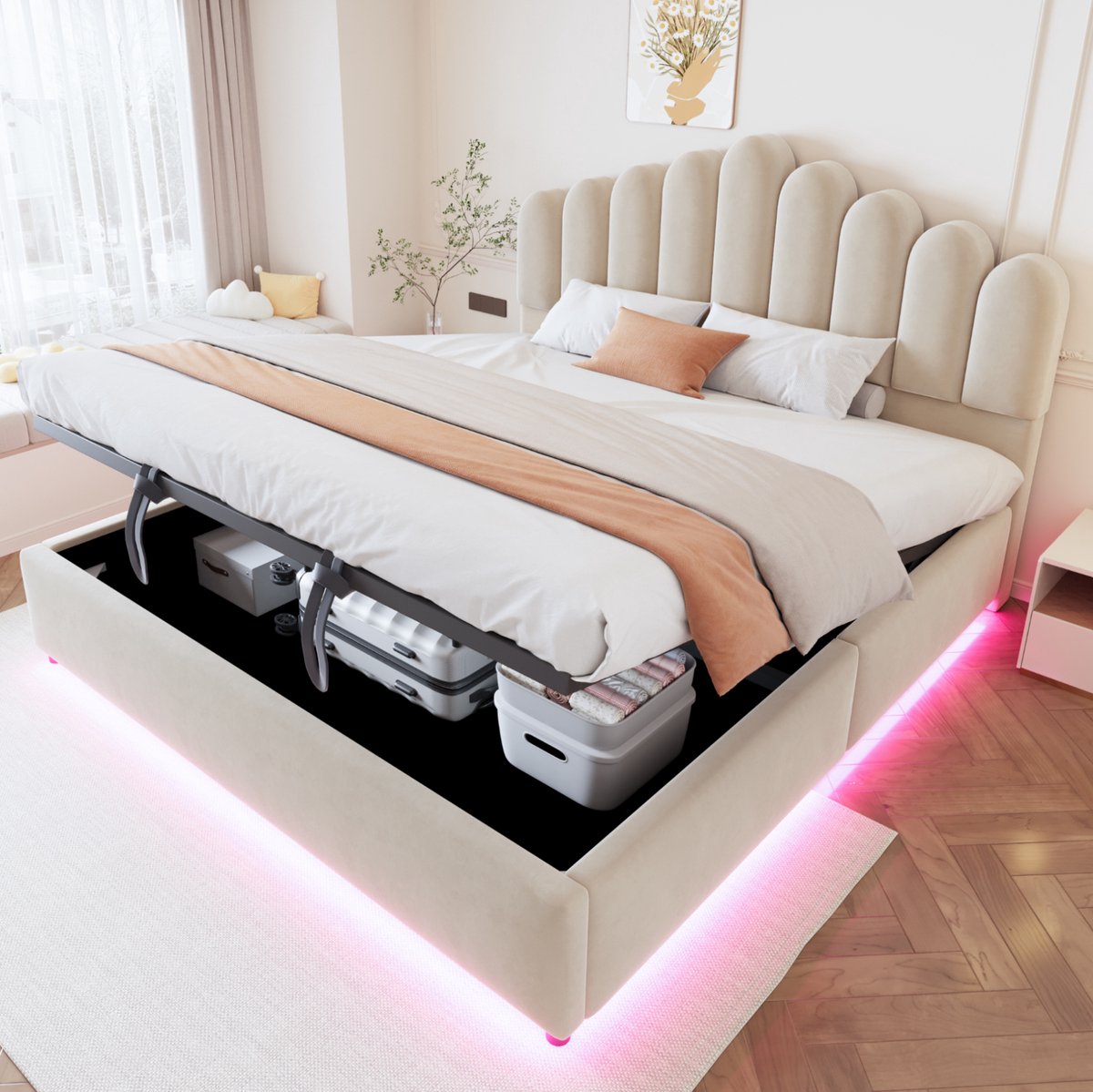 STILVORA Gestoffeerd Bed 180x200 cm – Hydraulische Opbergruimte met LED-Verlichting – Zacht Hoofdbord – Tweepersoons – Stof – Beige – Zonder Matras