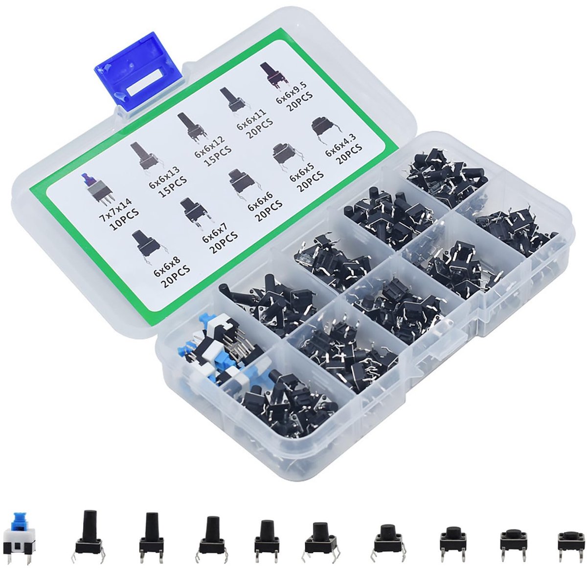 Tactiele knop 180 stuks - microknoppen - verschillende maten - geschikt voor computers en auto-electronica - SnelShoppen