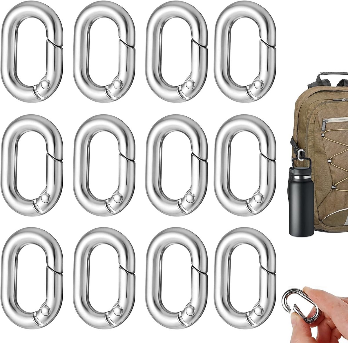 Mini karabijnhaken 12 stuks - ovale metalen clips - zilver - voor sleutels en tas - SnelShoppen