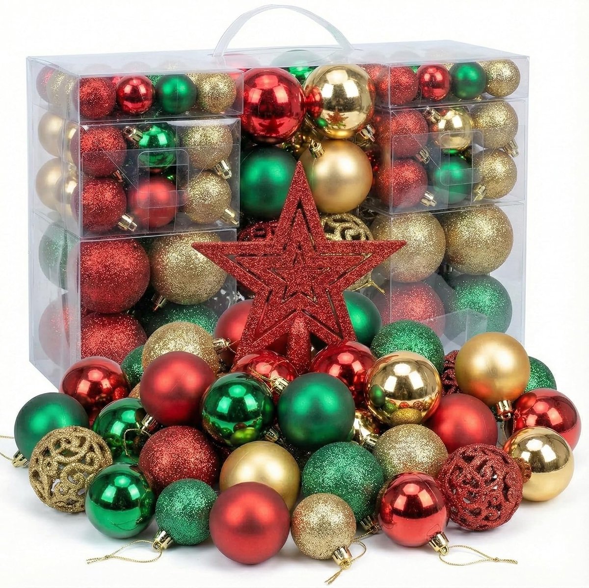 Kerstballen set 101 stuks - goud/rood/donker groen - mix van afwerkingen - voor kerstboomdecoratie - SnelShoppen