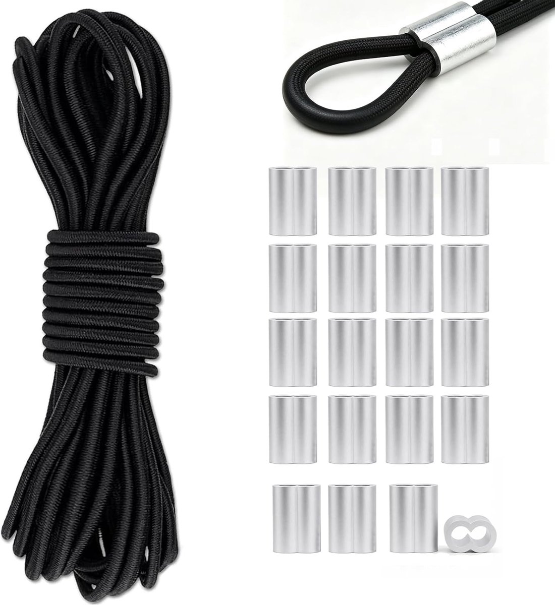 Rubberen touw 15 m x 4 mm - elastisch rubberen koord - met 20 clips - ideaal voor dekzeil en tenten - SnelShoppen