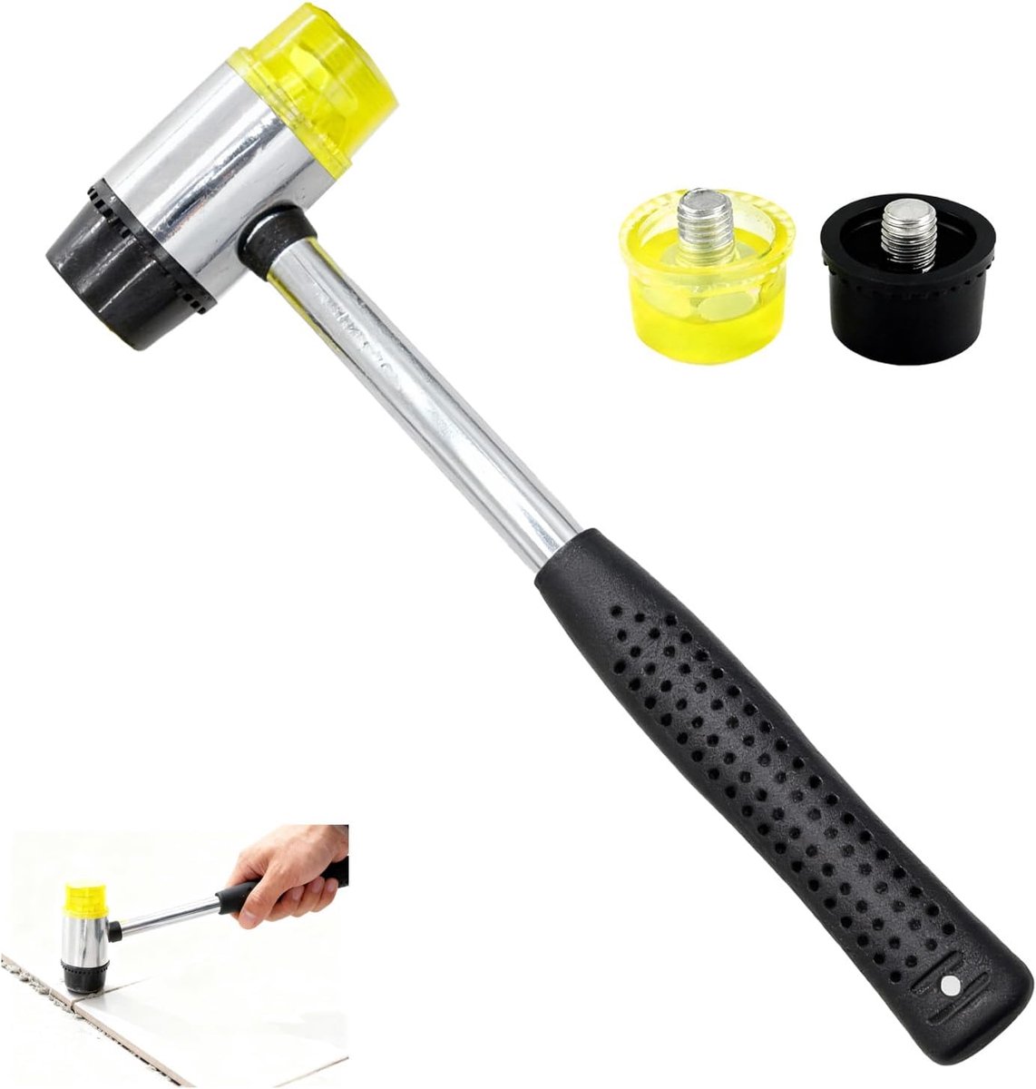 Rubber hamer 25mm - dubbele kop met 2 reservekoppen - ergonomische rubberen handgreep - SnelShoppen