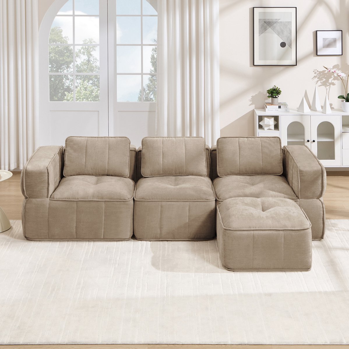 STILVORA Hoekbank 271 x 162 x 67 cm - 3-Zits Modulaire L-Vorm Met Hocker En Diepe Zitting - Voor Woonkamer - Polyester - Zand