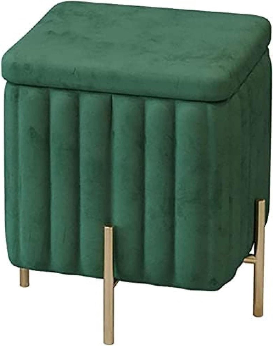 Opbergkruk Velvet - Pouf Kruk - Extra Zitplaats - Verborgen Opbergruimte - 45x45x42cm - Groen