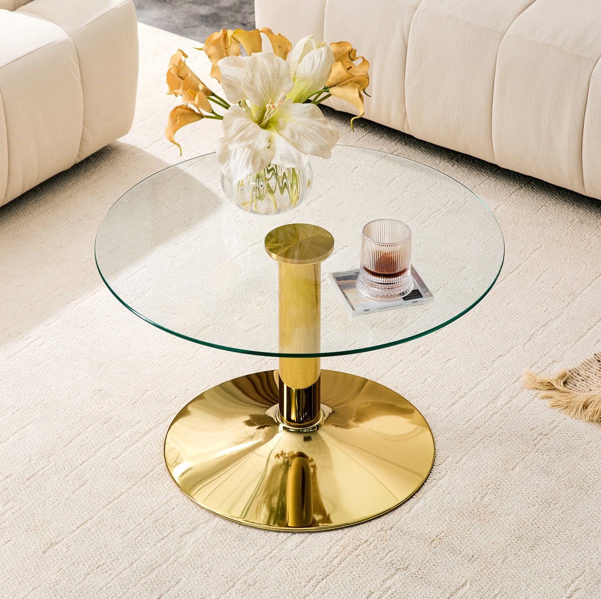 STILVORA Salontafel - Ronde Glazen Tafel Met Metalen Onderstel - Modern Voor Woonkamer - Glas En Metaal - 70x70x45 Cm - Goud