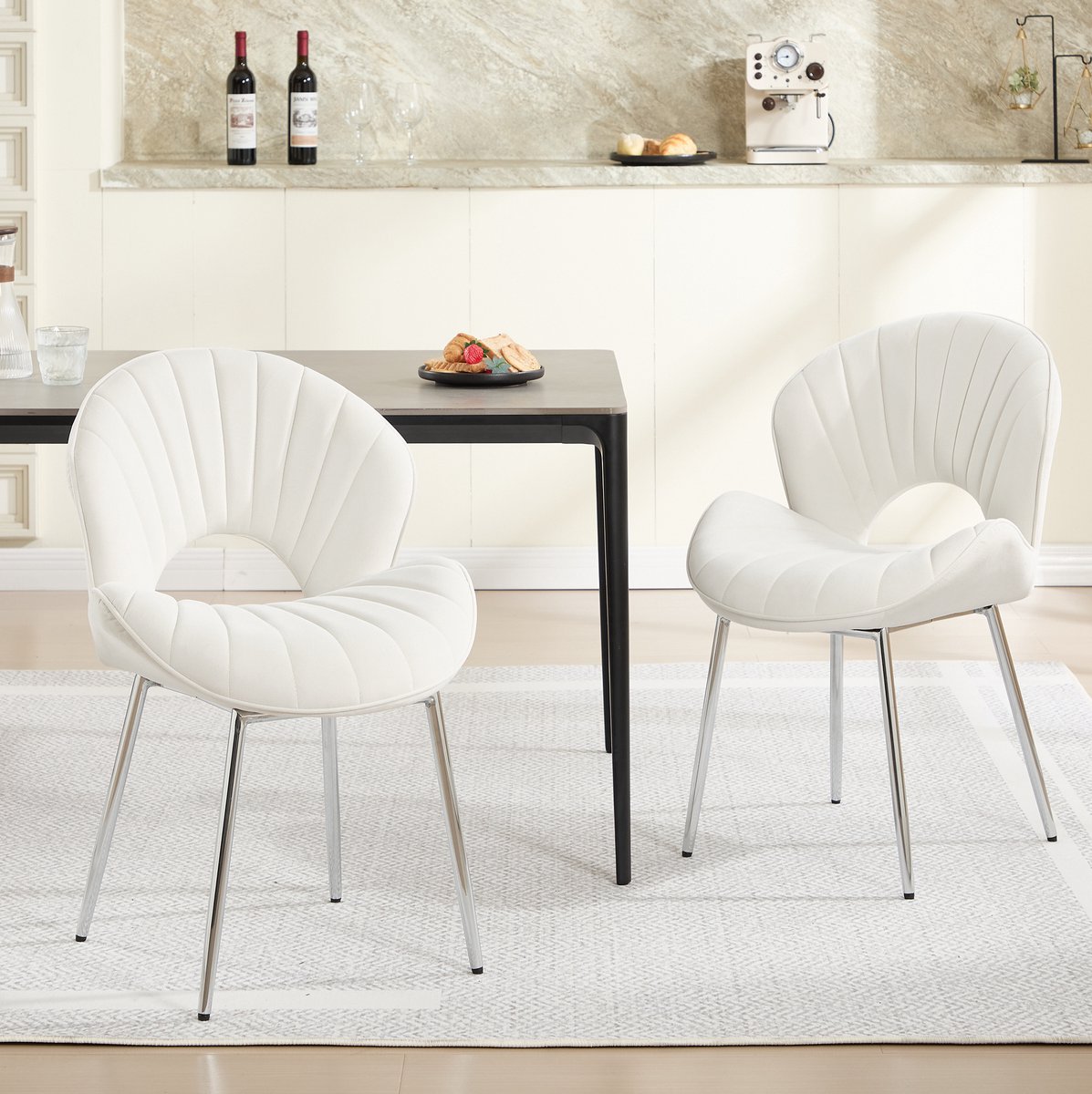 STILVORA Eetkamerstoel 53 x 62,5 x 83 cm - Kuipstoel Zonder Armleuningen Met Opengewerkte Rugleuning En Metalen Poten - Voor Eetkamer En Werkkamer - Velvet Ivory