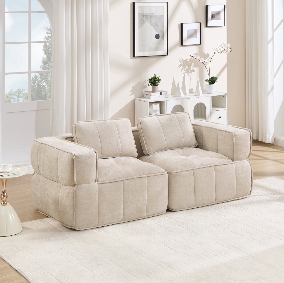 STILVORA Zitbank 198 cm - 2-Zits Modulaire Bank Met Diepe Zitting En Zonder Montage - Voor Woonkamer En Appartement - Polyester Beige