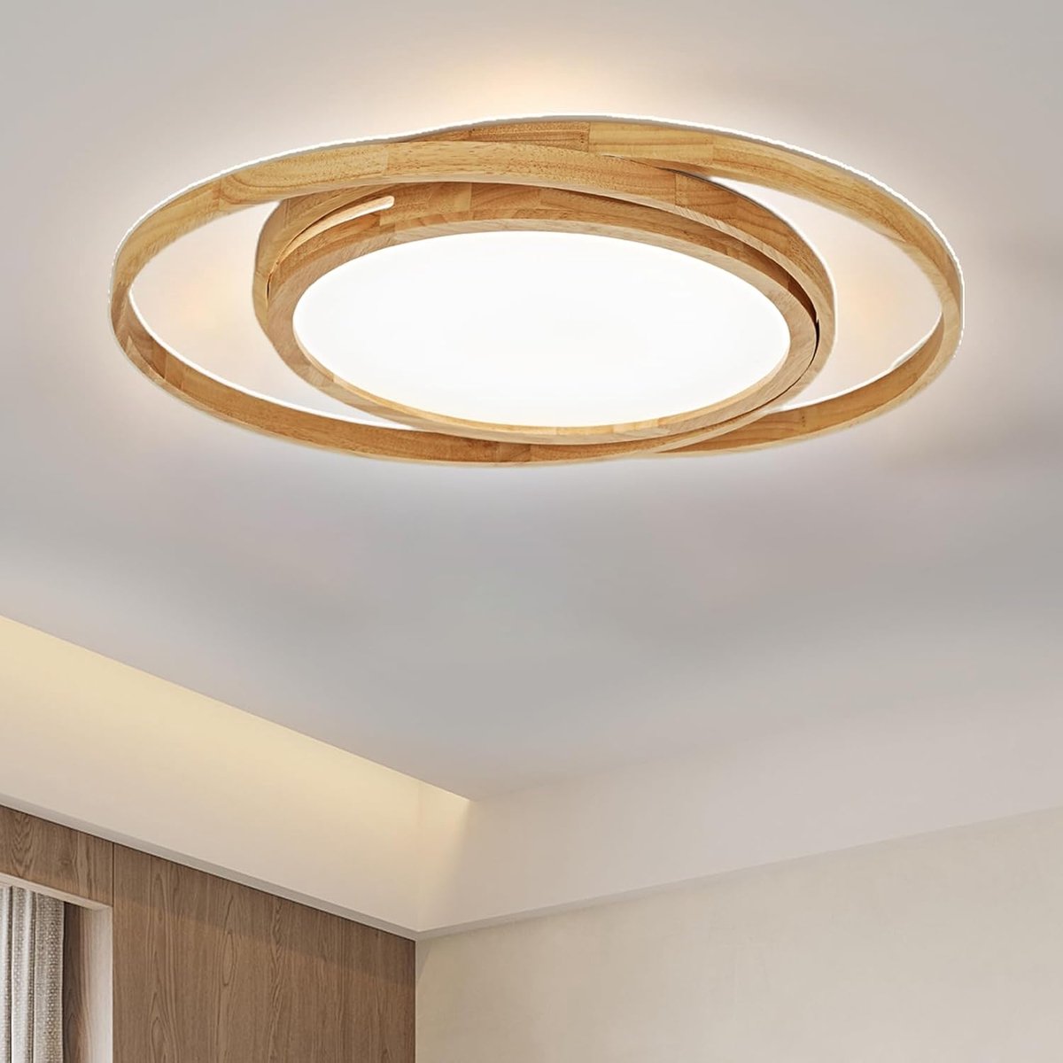 Plafondlamp LED 52 cm - Houten ringen - Dimbaar met afstandsbediening - Perfect voor woonkamer - SnelShoppen