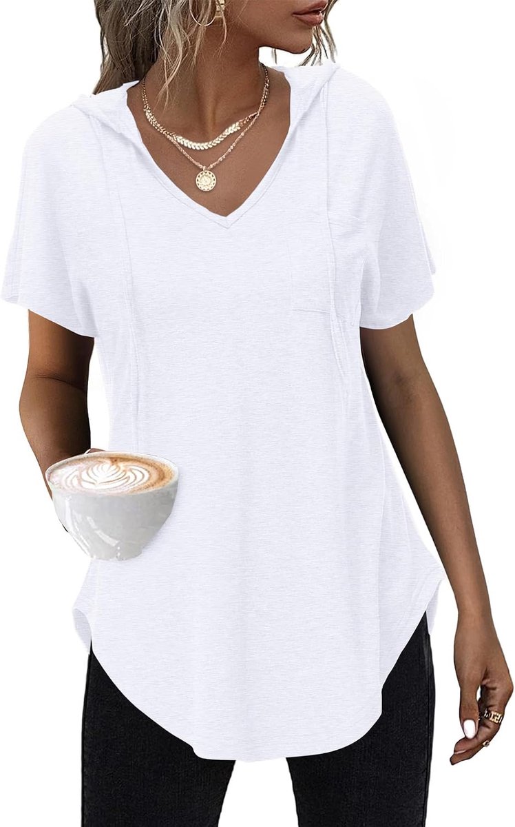 Hoodie Dames Korte Mouw Zomer Hoodie T-shirt Dames V-hals Top Dames Tops met Kap Trekkoord S-3XL