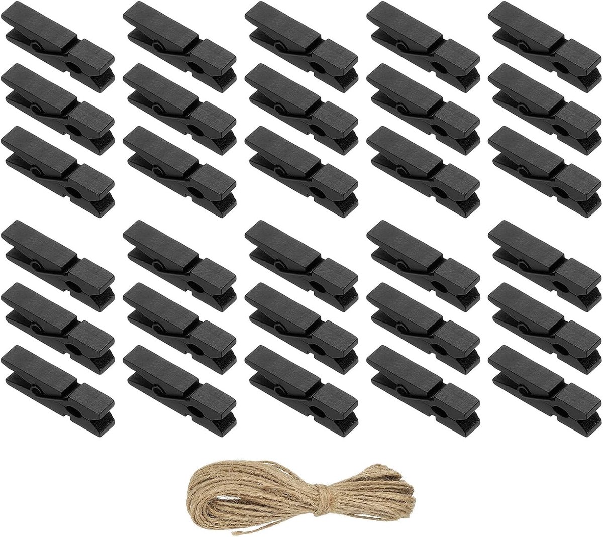 Wasknijpers, hout, kloppen, 100 stuks, kleurrijke houten knijpers met sterke greep, fotoclips voor het ophangen van foto's, kleding, decoratief knutselwerk, zwart