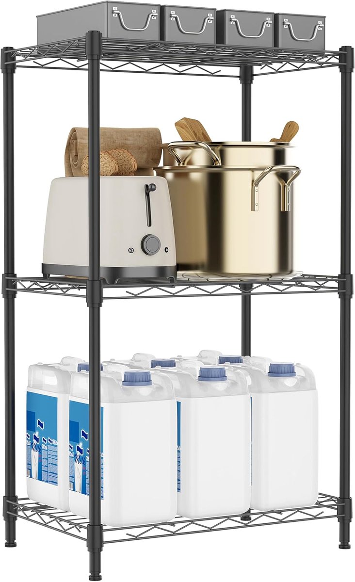 MZG Metalen Opbergrek, 3-Laags Draadrek voor Keuken, Pantry, Wasruimte en Thuisopslag, Vrijstaand Opbergrek, 30×45×73,2 cm, Draagvermogen tot 135 kg, zwart