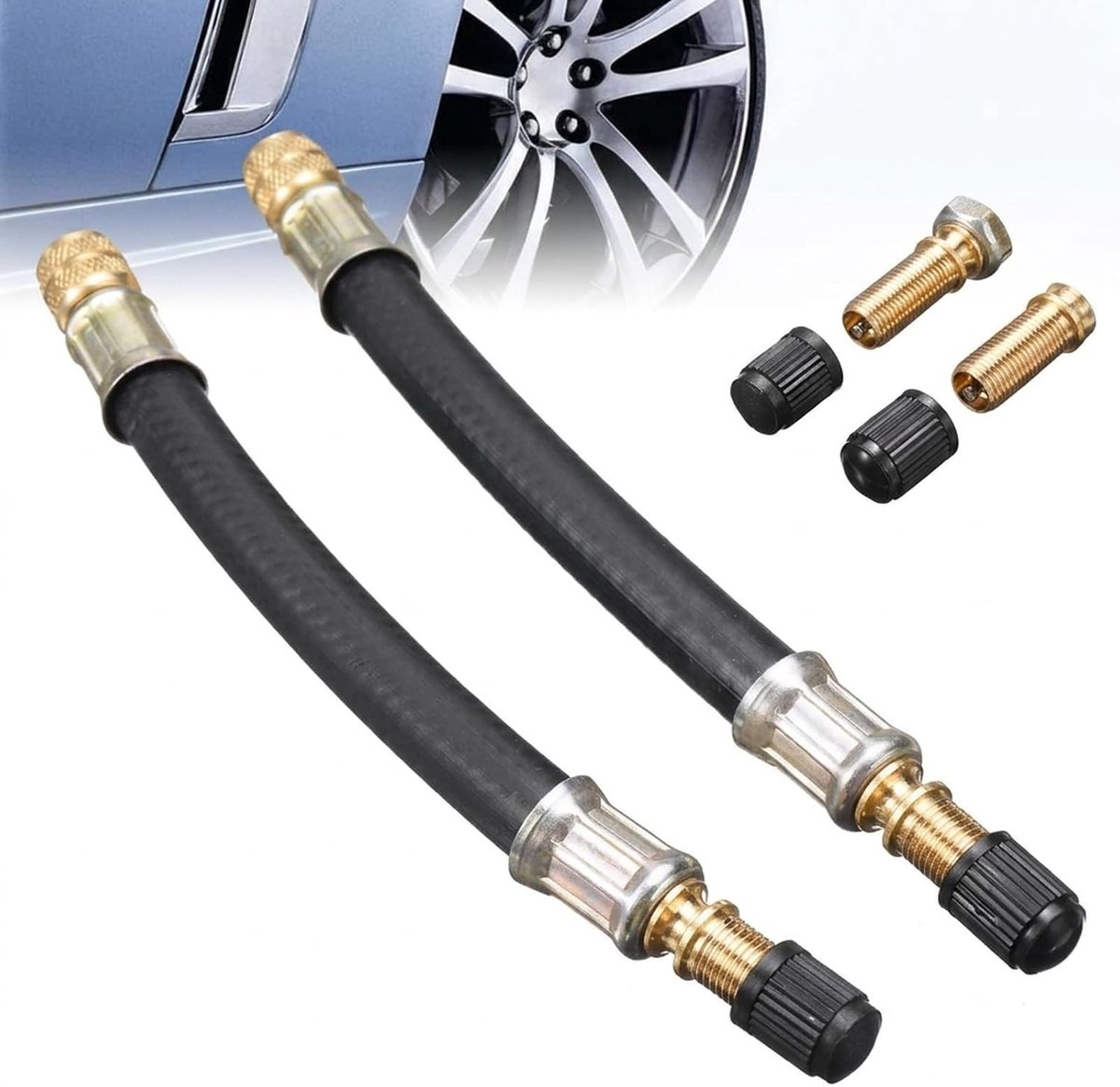 2 stuks flexibele ventielverlenging voor bandventiel, 100 mm rubberen ventieladapter met ventieldop, ventielverlenging, autoventiel voor auto, vrachtwagen, motorfiets, fiets, universele pasvorm