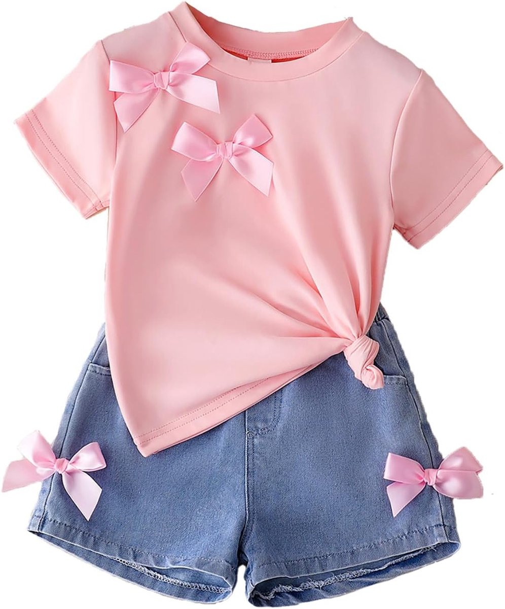 Outfit set korte mouwen T-shirt + korte jeansbroek 2-delige zomerkleding voor meisjes