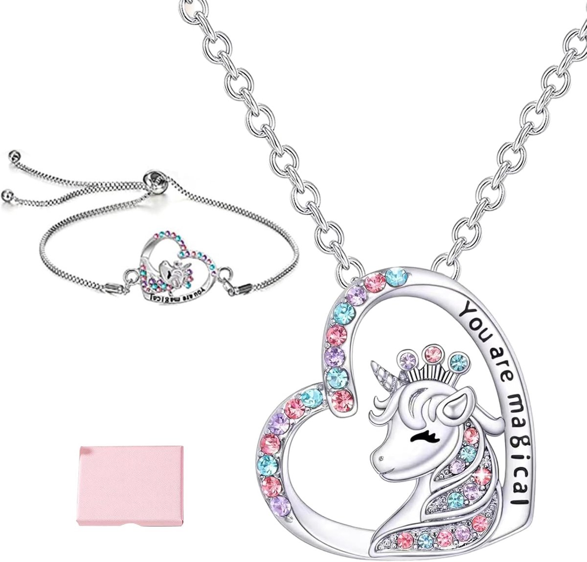 2 stuks eenhoorn hart halsketting set, eenhoorn geschenken met armbanden en geschenkdoos, sieraden voor meisjes moeders dochters kleindochters nichtjes