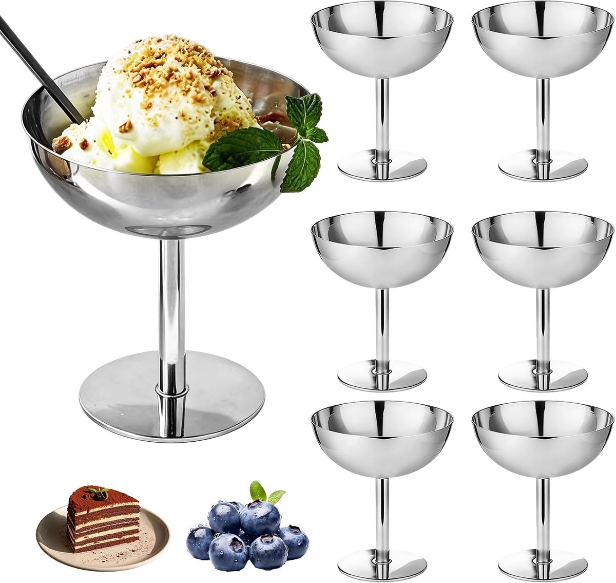 6 stuks 150 ml ijsbekers roestvrij staal, dessertkom met voet, roestvrij stalen dessertkom, voor ijs, dessert, bruiloft, feest, ijskom, café & restaurant, diameter 8 cm
