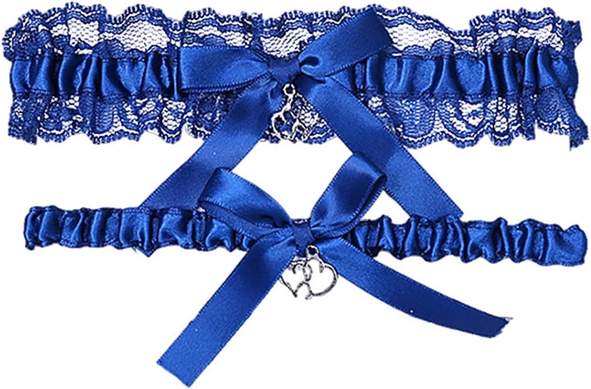 Verpakking met 2 beenbanden met strik, elastische jarretelhouders, bruidskousen, kousenhouders van kant, elegante beenaccessoires, bruidsaccessoires, Donkerblauw, S/M