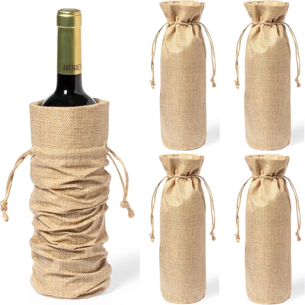 NoTrash2003 Set van 5 wijnzakken, flessenzakken, wijnzakken, wijnzakken, flessentas van polyester in jute-look, flessendrager, presentatie, beige, 34 cm x 8 cm, Flessentas