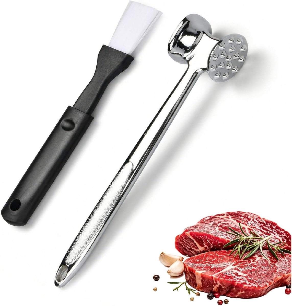 Vleesklopper van aluminiumlegering, dubbelzijdige vleesklopper voor steaks en kip, inclusief siliconen keukenborstel, professioneel keukengereedschap