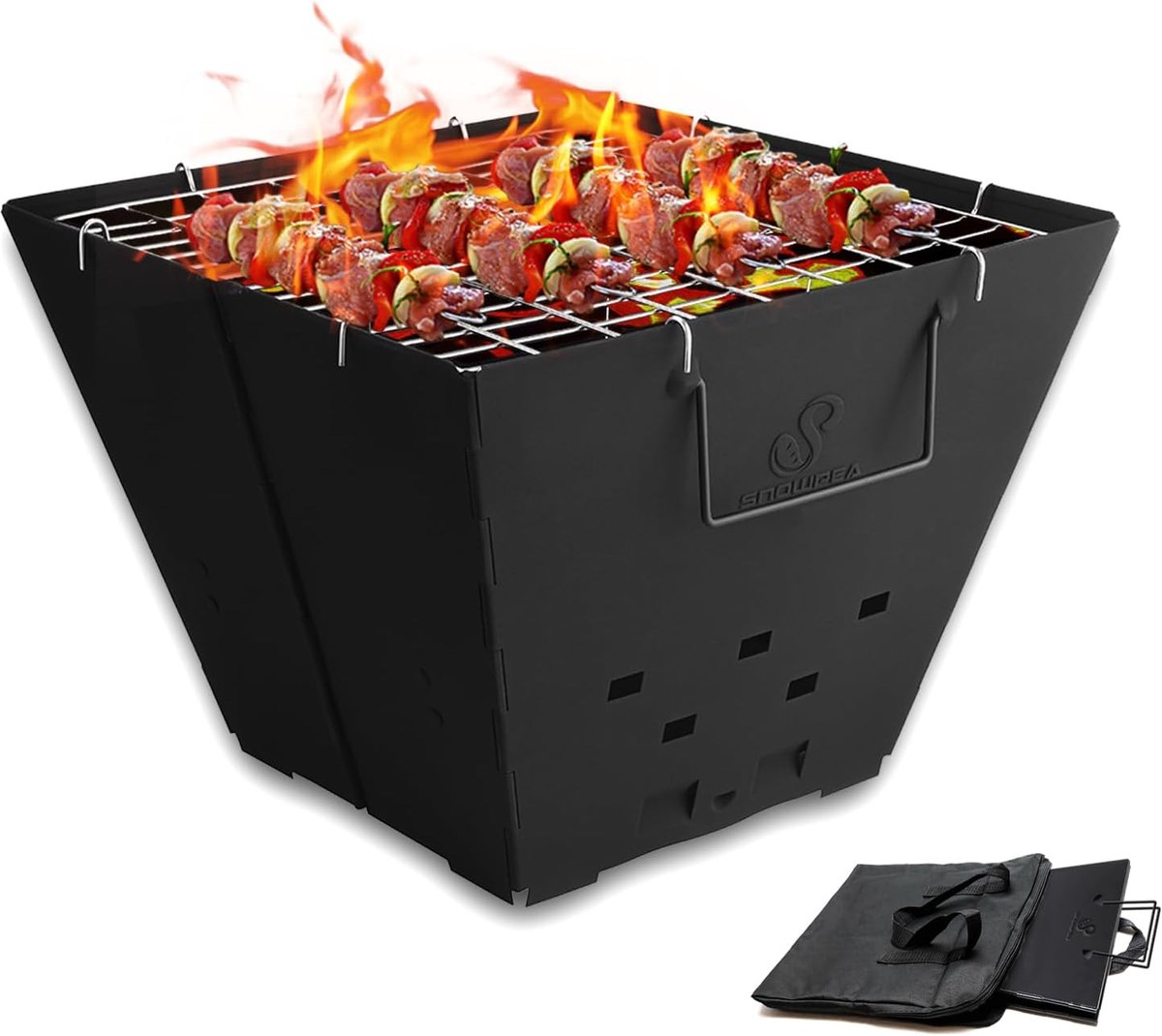 Draagbare vuurkorf voor kamperen, inklapbare buitenvuurplaats, opvouwbaar met draagtas, ijzeren kom voor picknicks, vreugdevuur, patio, achtertuin en tuin - top grill, zwart (FP-01)