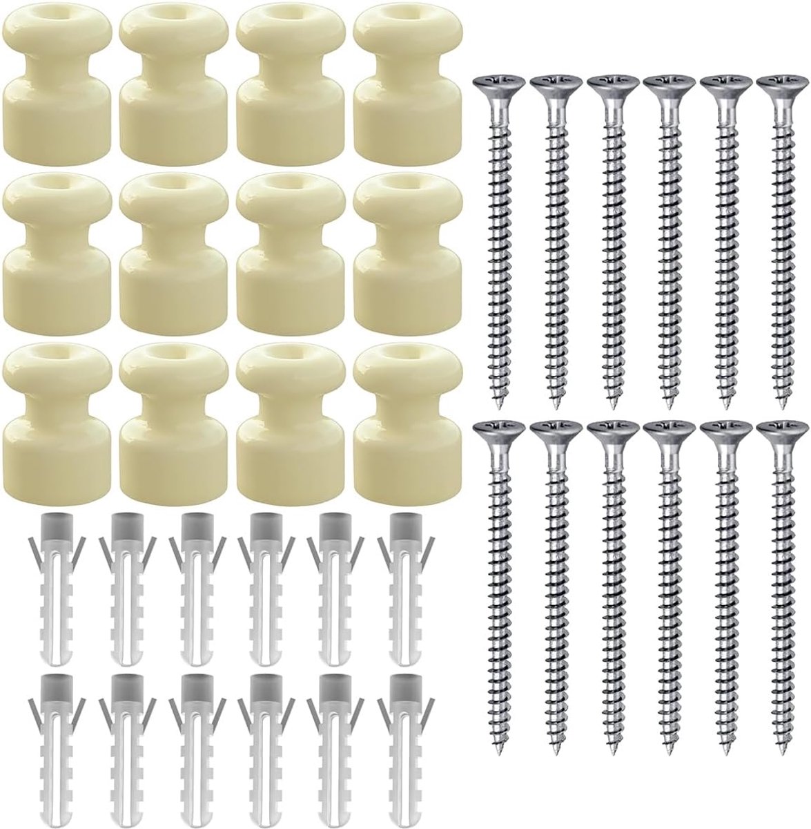 12 stuks porseleinen isolatoren voor installatie met gevlochten textiel, kabelisolatoren voor gevlochten kabel, beige glanzend, Ø 18 mm, keramische isolatoren