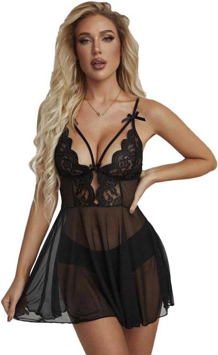 Babydoll Dames Negligé Diepe V Hals Doorschijnende Mesh Kanten Nachtjapon Rugloos Lingerie Slaapjurk Verleidelijke Nachtkleding Onderjurk Met Strikdetails (Zwart XXL)
