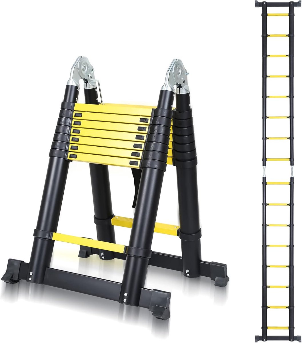 Telescopische ladder, 5 m (2,5 + 5,5 m), antislip aluminium multifunctionele ladder, uittrekbare ladder, 150 kg belastbaarheid, aluminium ladder, huishoudladder voor thuiswerken, uittrekbare