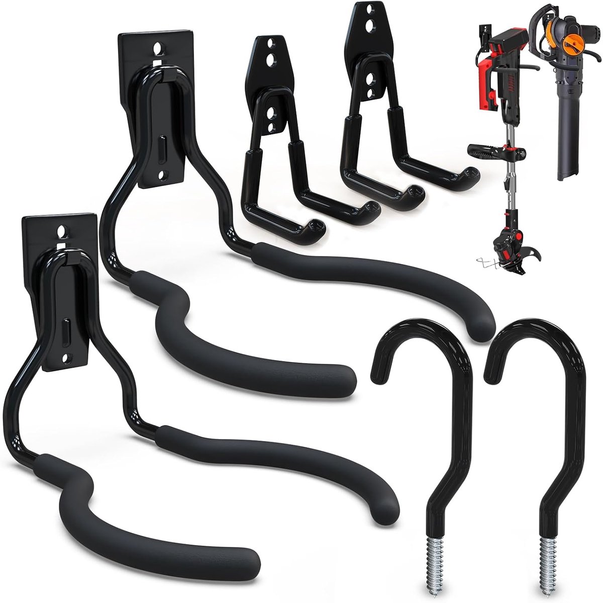 Haken, 6 stuks, wandhouder, bosmaaier, houder, muur, grastrimmer, ophanghaak, zware belasting, garage, haken, opberghaken voor tuingereedschap, bosmaaier, elektrisch gereedschap, ladder