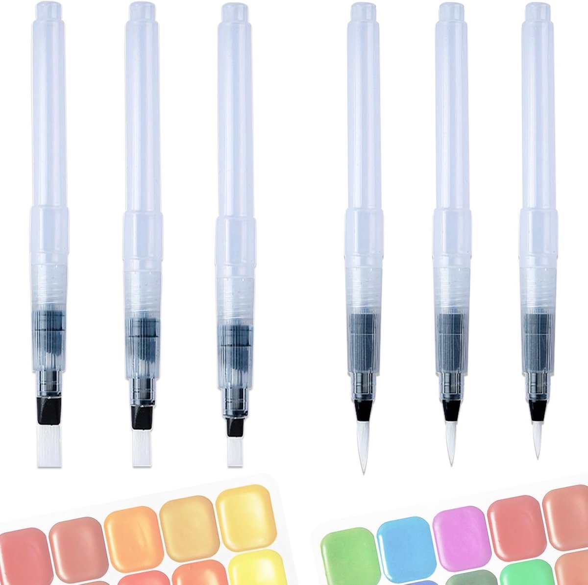 Navulbare aquarelstiften - 6 stuks puntige en platte punt aquarelstiften, waterverfpenseel voor schilderen, kleurmenging en kalligrafie, waterverfpenseel voor tekenen