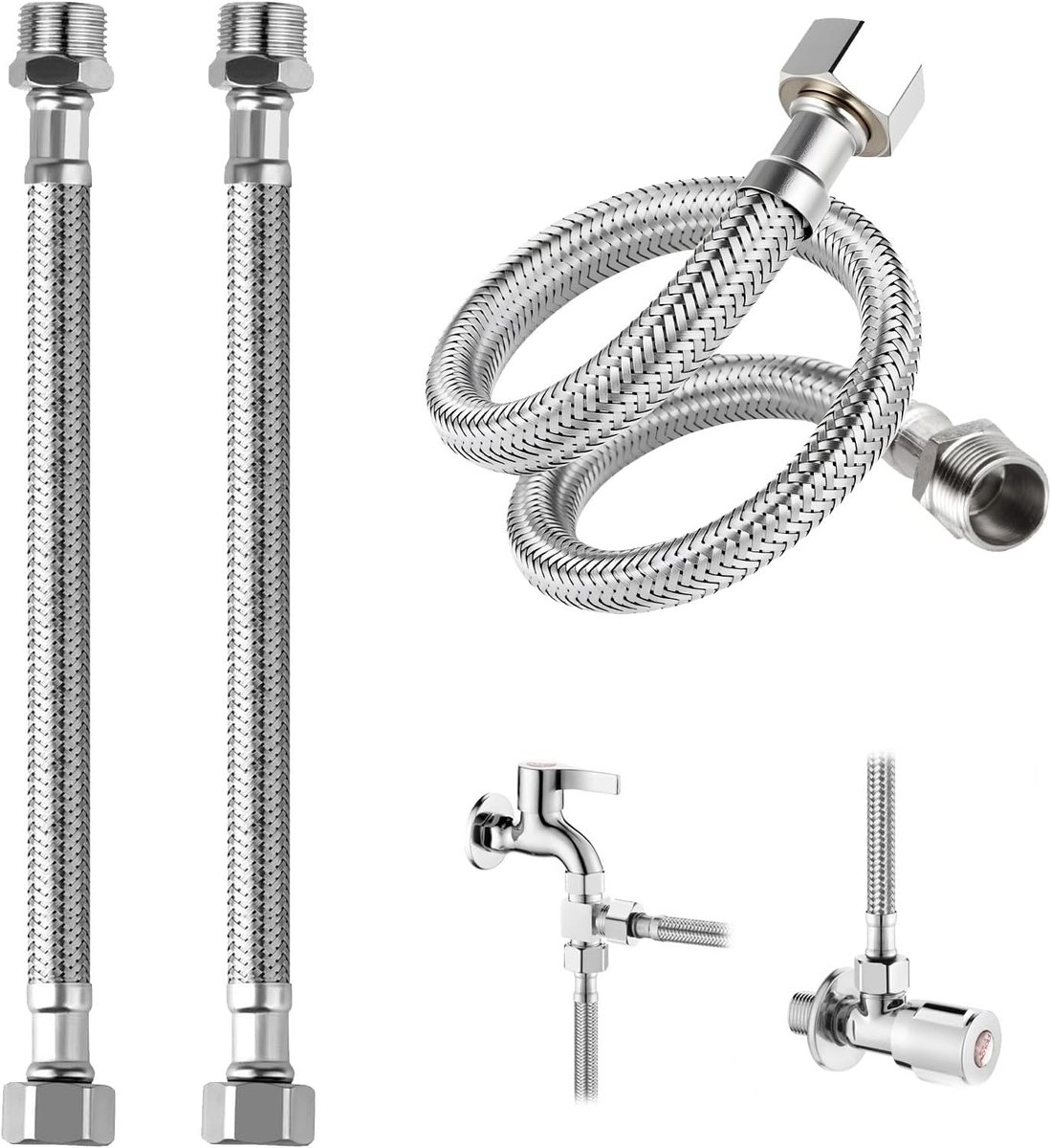 2 stuks flexibele slang 3/8 inch (60 cm: 30 + 30 cm), 304 roestvrij stalen pantserslang met wartel/buitendraad, flexibel voor kraan, hoekventiel, spoelbak, drinkwater ​
